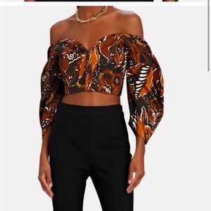Mara Hoffman Juana Off The Shoulder Print Crop Top Brown NWT Size 00